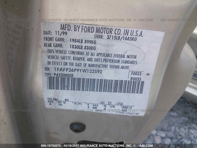 1FAFP36P9YW133592 - 2000 FORD FOCUS SE/SE COMFORT GOLD photo 9