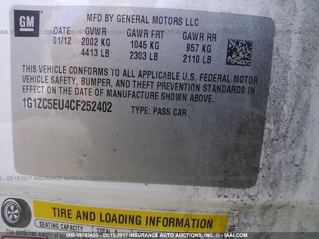 1G1ZC5EU4CF252402 - 2012 CHEVROLET MALIBU 1LT 白色 照片 9