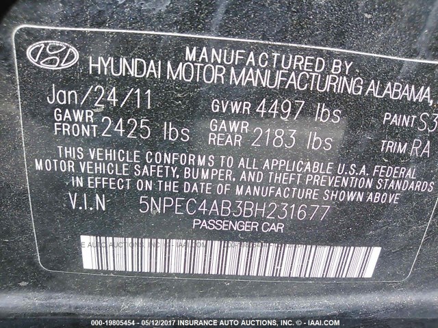 5NPEC4AB3BH231677 - 2011 HYUNDAI SONATA SE/LIMITED BLACK photo 9