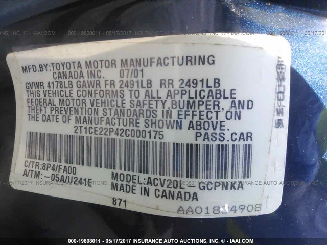 2T1CE22P42C000175 - 2002 TOYOTA CAMRY SOLARA SE BLUE photo 9