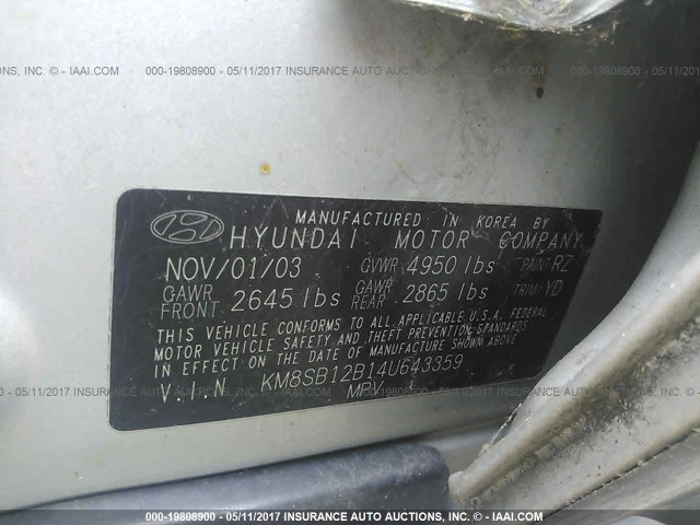 KM8SB12B14U643359 - 2004 HYUNDAI SANTA FE GL SILVER photo 9