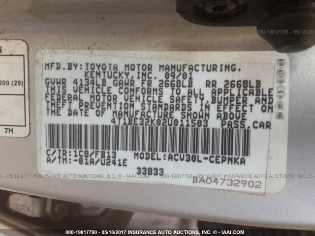 4T1BE32K02U011503 - 2002 TOYOTA CAMRY LE/XLE/SE SILVER photo 9