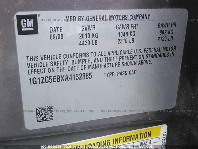 1G1ZC5EBXA4132885 - 2010 CHEVROLET MALIBU 1LT 灰色 照片 9