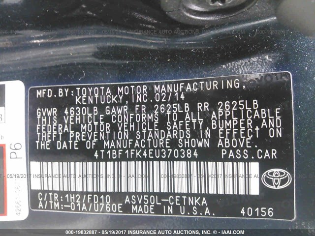 4T1BF1FK4EU370384 - 2014 TOYOTA CAMRY L/SE/LE/XLE მწვანე ფოტო 9