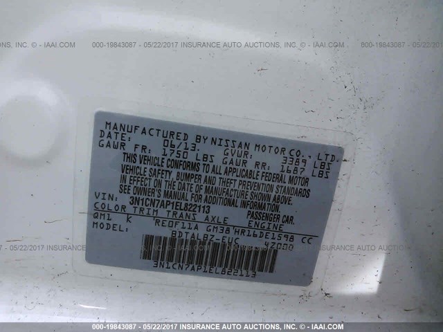 3N1CN7AP1EL822113 - 2014 NISSAN VERSA S/S PLUS/SV/SL WHITE photo 9