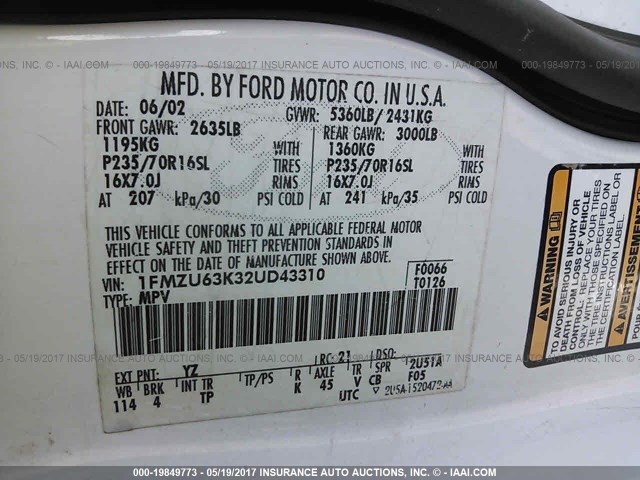 1FMZU63K32UD43310 - 2002 FORD EXPLORER XLT WHITE photo 9