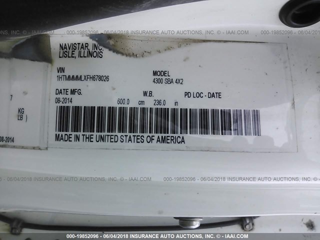 1HTMMMMLXFH678026 - 2015 INTERNATIONAL 4300 4300 WHITE photo 10