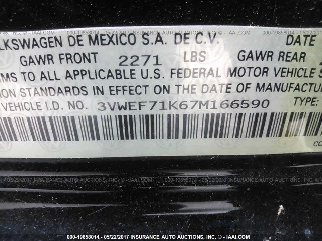 3VWEF71K67M166590 - 2007 VOLKSWAGEN JETTA WOLFSBURG 黑色 照片 9
