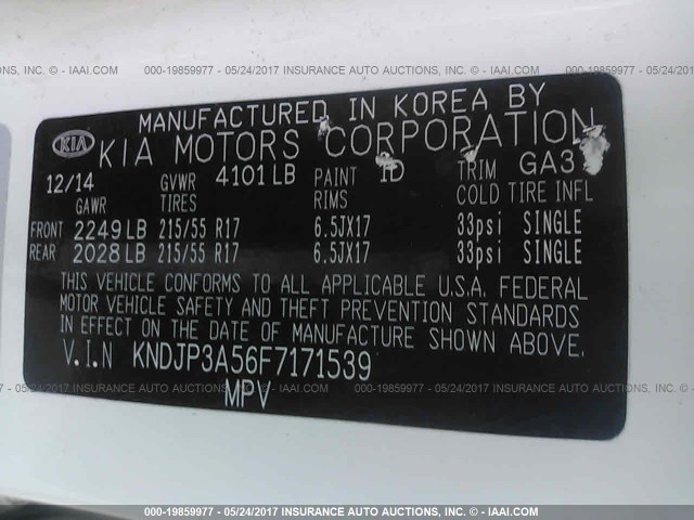 KNDJP3A56F7171539 - 2015 KIA SOUL + WHITE photo 9