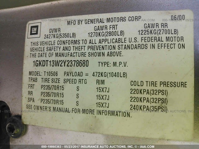 1GKDT13W2Y2378680 - 2000 GMC JIMMY / ENVOY  GRAY photo 9