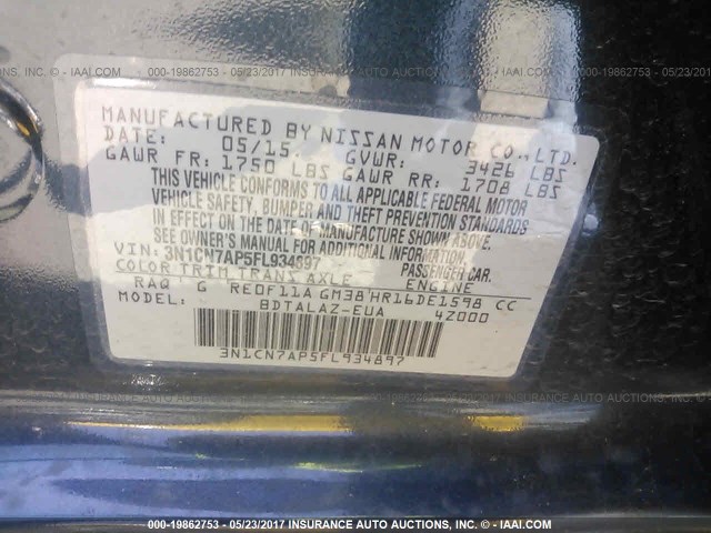 3N1CN7AP5FL934897 - 2015 NISSAN VERSA S/S PLUS/SV/SL BLUE photo 9