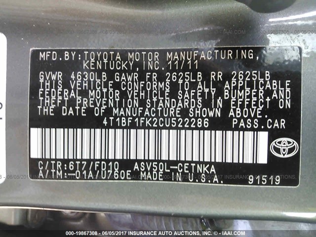 4T1BF1FK2CU522286 - 2012 TOYOTA CAMRY SE/LE/XLE GRAY photo 9