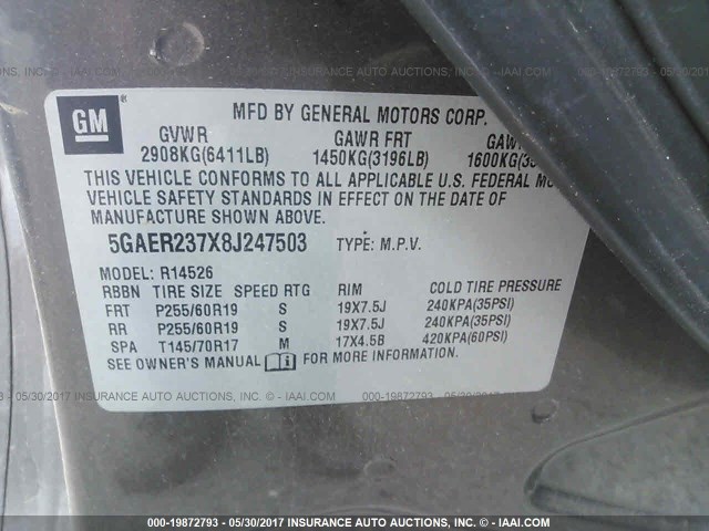 5GAER237X8J247503 - 2008 BUICK ENCLAVE CXL Marron photo 9