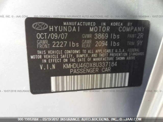 KMHDU46DX8U337184 - 2008 HYUNDAI ELANTRA GLS/SE/LIMITED SILVER photo 9