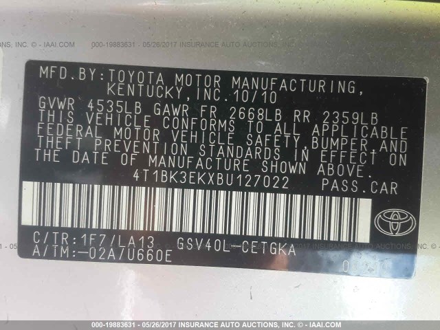 4T1BK3EKXBU127022 - 2011 TOYOTA CAMRY SE/LE/XLE SILVER photo 9