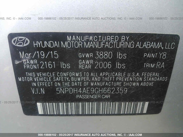 5NPDH4AE9GH662359 - 2016 HYUNDAI ELANTRA SE/SPORT/LIMITED SILVER photo 9