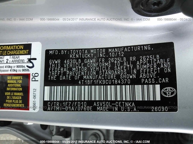 4T1BF1FK9CU184370 - 2012 TOYOTA CAMRY SE/LE/XLE SILVER photo 9
