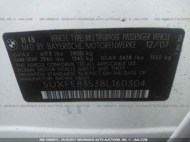 5UXFE83538L160304 - 2008 BMW X5 4.8I WHITE photo 9