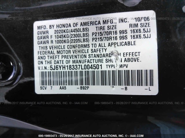 5J6YH18337L004501 - 2007 HONDA ELEMENT LX BLACK photo 9