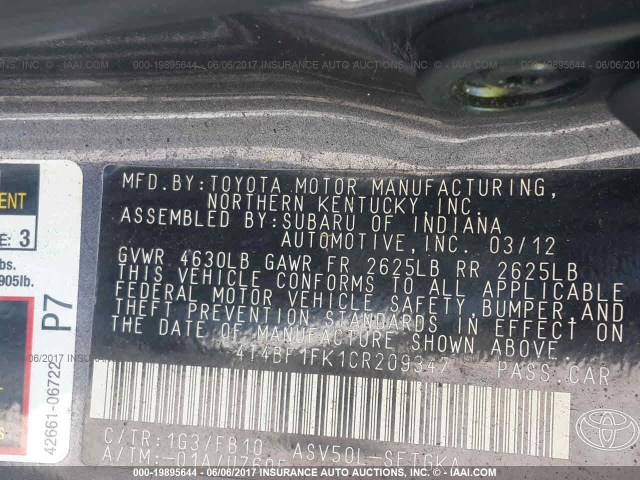 4T4BF1FK1CR209347 - 2012 TOYOTA CAMRY SE/LE/XLE GRAY photo 9