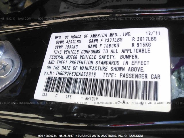 1HGCP2F63CA062816 - 2012 HONDA ACCORD SE BLACK photo 9