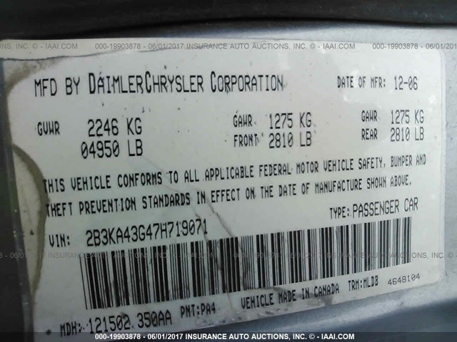 2B3KA43G47H719071 - 2007 DODGE CHARGER SE/SXT GRAY photo 9