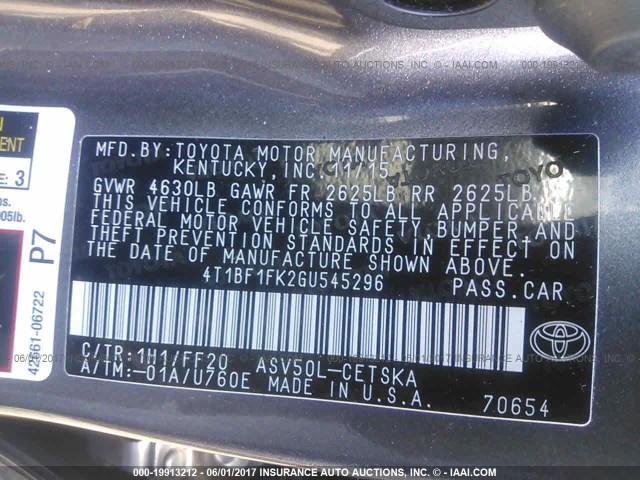 4T1BF1FK2GU545296 - 2016 TOYOTA CAMRY LE/XLE/SE/XSE GRAY photo 9