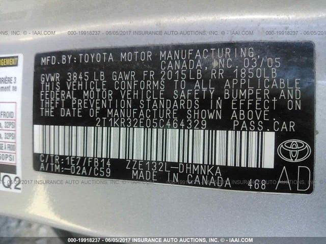 2T1KR32E05C464329 - 2005 TOYOTA COROLLA MATRIX XR SILVER photo 9