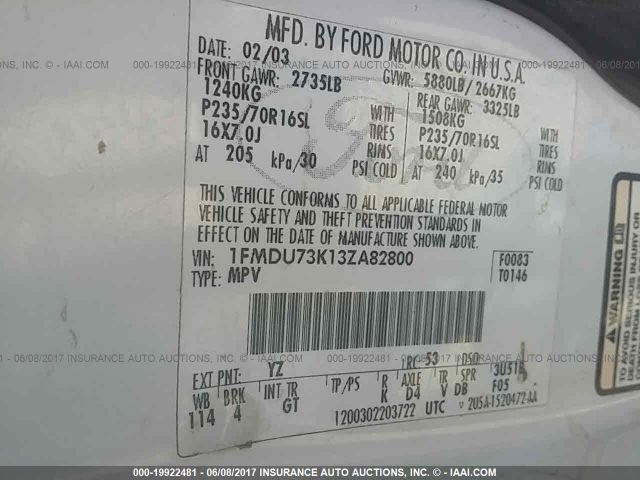 1FMDU73K13ZA82800 - 2003 FORD EXPLORER XLT/XLT SPORT/NBX 白色 照片 9