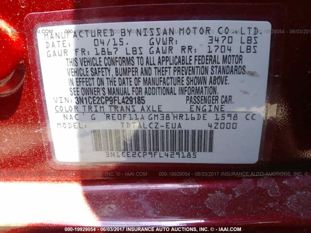 3N1CE2CP9FL429185 - 2015 NISSAN VERSA NOTE S/S PLUS/SV/SL/SR RED photo 9