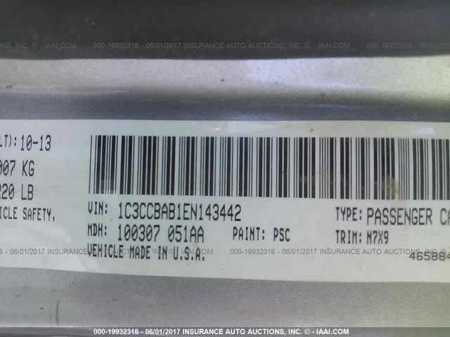 1C3CCBAB1EN143442 - 2014 CHRYSLER 200 LX SILVER photo 9