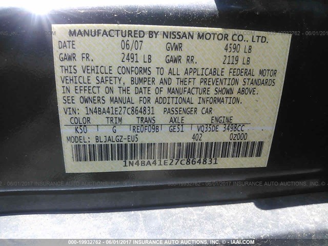 1N4BA41E27C864831 - 2007 NISSAN MAXIMA SE/SL GRAY photo 9