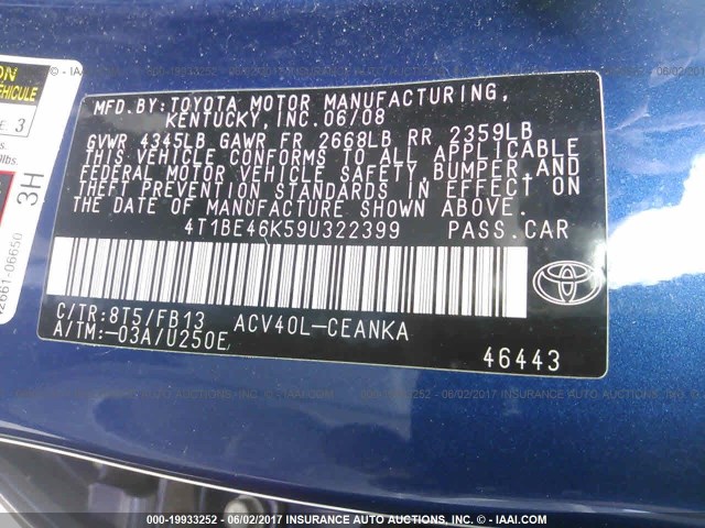 4T1BE46K59U322399 - 2009 TOYOTA CAMRY SE/LE/XLE BLUE photo 9