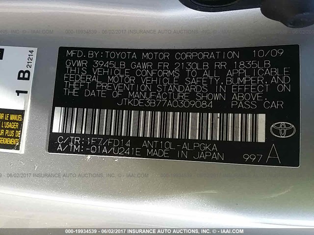 JTKDE3B77A0309084 - 2010 TOYOTA SCION TC 银色 照片 9