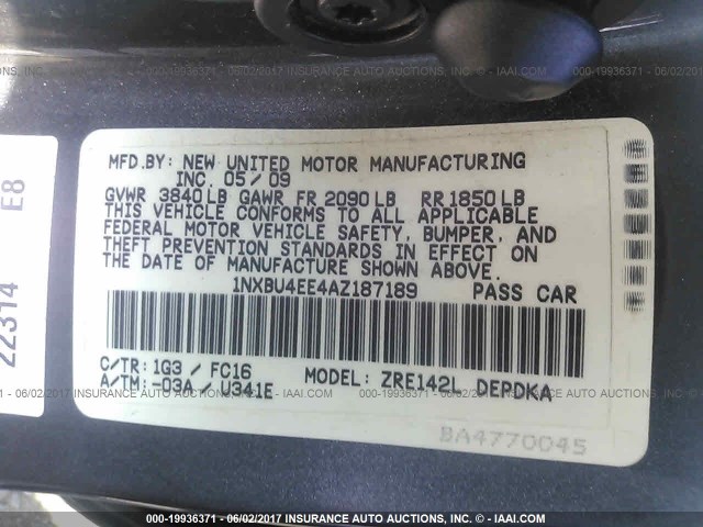 1NXBU4EE4AZ187189 - 2010 TOYOTA COROLLA S/LE/XLE GRAY photo 9