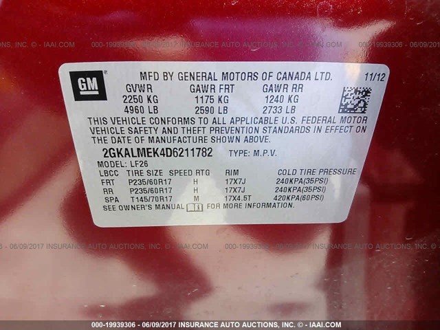 2GKALMEK4D6211782 - 2013 GMC TERRAIN SLE RED photo 9