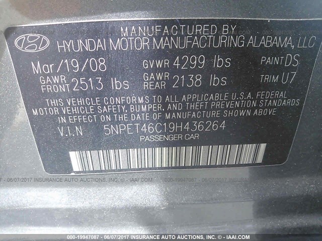 5NPET46C19H436264 - 2009 HYUNDAI SONATA GLS GRAY photo 9