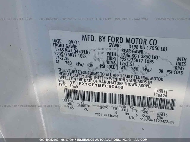 1FTFX1CF1BFC90406 - 2011 FORD F150 SUPER CAB WHITE photo 9