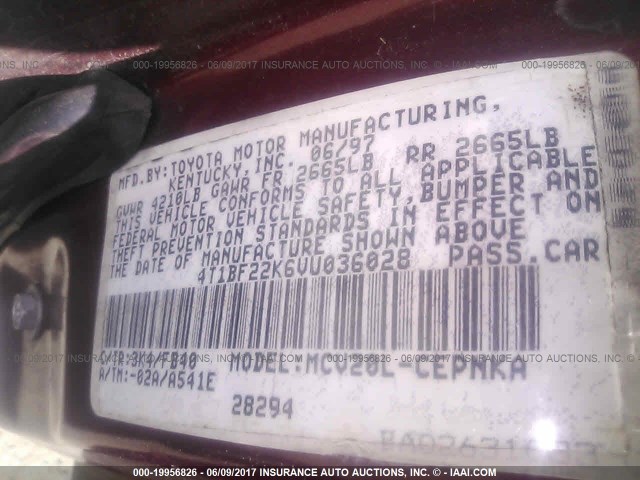 4T1BF22K6VU036028 - 1997 TOYOTA CAMRY CE/LE/XLE 红色 照片 9