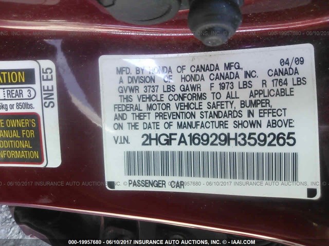 2HGFA16929H359265 - 2009 HONDA CIVIC EXL 栗色 照片 9