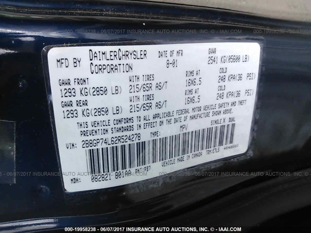 2B8GP74L62R524278 - 2002 DODGE GRAND CARAVAN EX BLUE photo 9