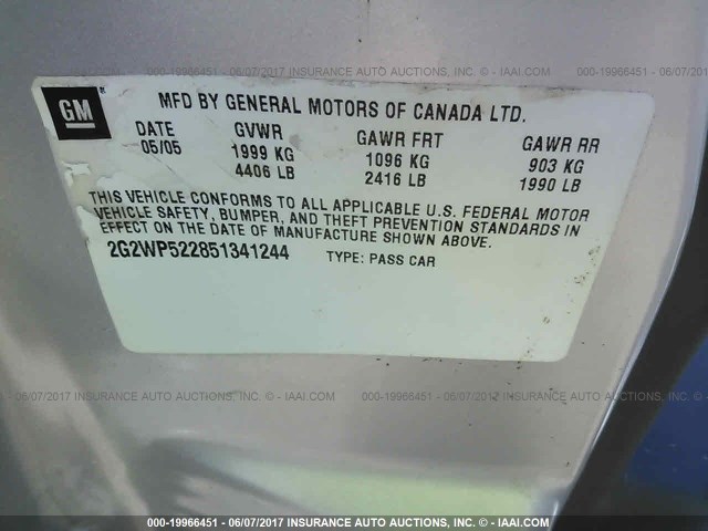 2G2WP522851341244 - 2005 PONTIAC GRAND PRIX SILVER photo 9