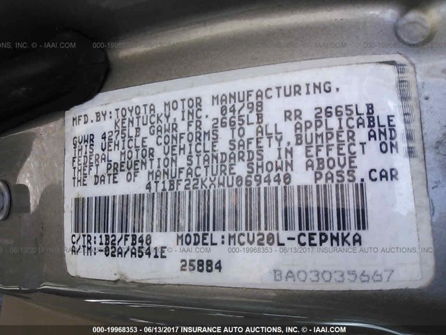 4T1BF22KXWU069440 - 1998 TOYOTA CAMRY CE/LE/XLE TAN photo 9