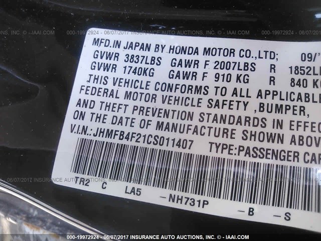 JHMFB4F21CS011407 - 2012 HONDA CIVIC HYBRID BLACK photo 9