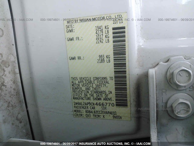 1N4AL2AP9CN466770 - 2012 NISSAN ALTIMA S WHITE photo 9