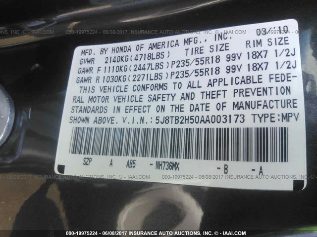 5J8TB2H50AA003173 - 2010 ACURA RDX TECHNOLOGY GRAY photo 9