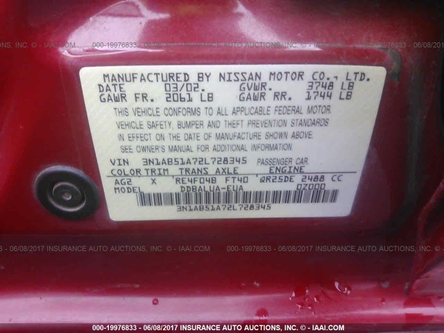 3N1AB51A72L728345 - 2002 NISSAN SENTRA SE-R SPEC V RED photo 9