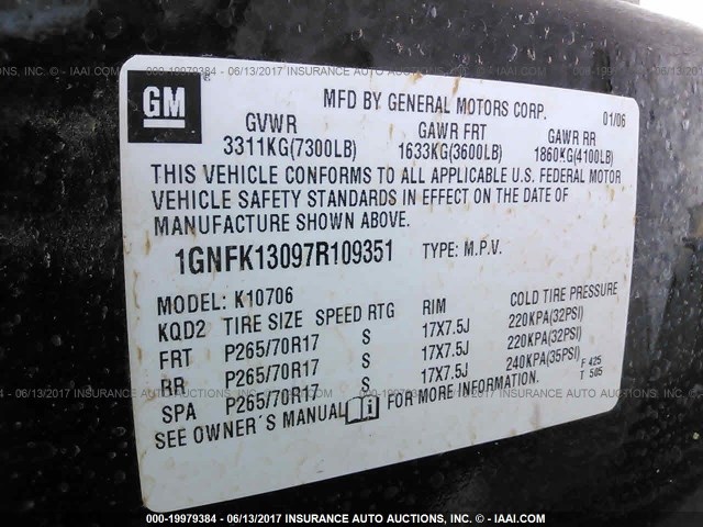 1GNFK13097R109351 - 2007 CHEVROLET TAHOE K1500 BLACK photo 9