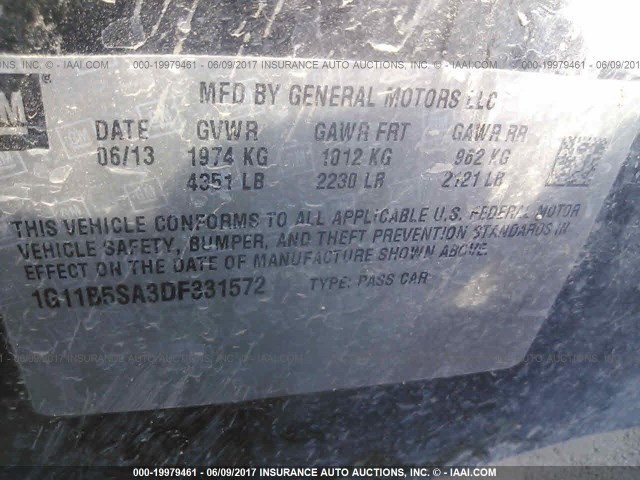 1G11B5SA3DF331572 - 2013 CHEVROLET MALIBU LS 锡色 照片 9