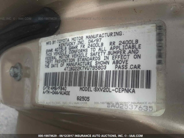 4T1BG22K7VU795803 - 1997 TOYOTA CAMRY CE/LE/XLE GOLD photo 9